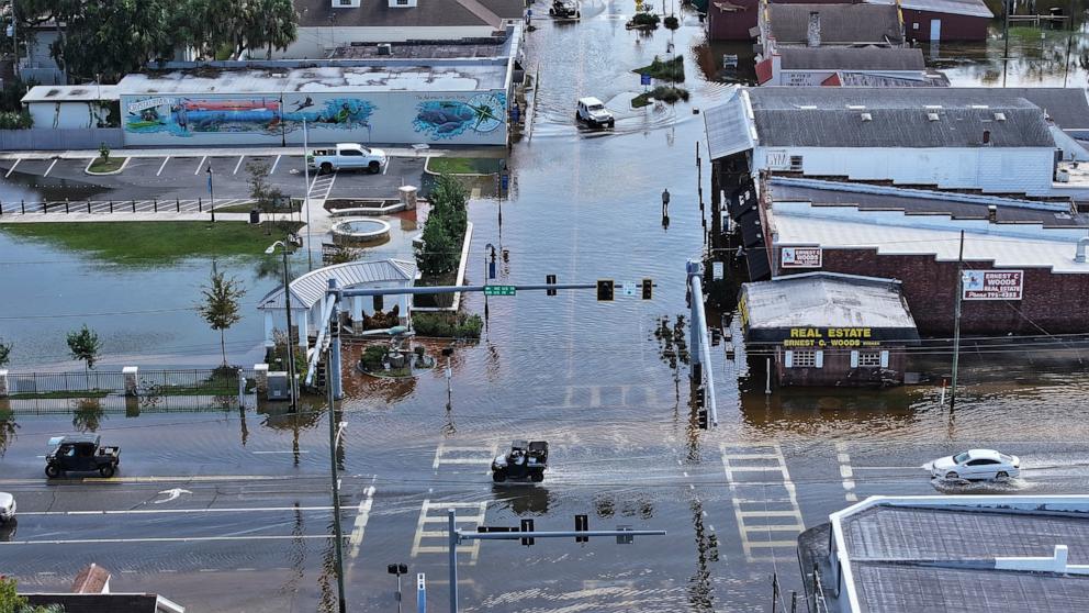 PHOTO: In this aerial view, flood waters inundate the main street after Hurricane Helene passed offshore, Sept. 27, 2024, in Crystal River, Fla.