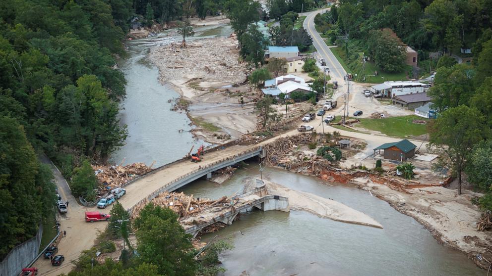 PHOTO: A drone view shows a damaged area following the passing of Hurricane Helene, in Lake Lure, North Carolina, Oct. 1, 2024.