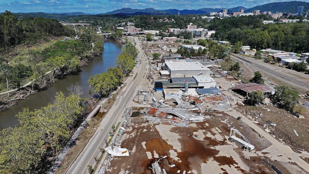 PHOTO: An aerial view of flood damage along the French Broad River in the aftermath of Hurricane Helene on Oct. 2, 2024, in Asheville, North Carolina. 