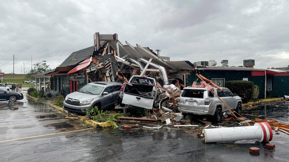 PHOTO: Cars are piled along the side of Hing Ta Restaurant after a tornado hit Rocky Mount, N.C., Sept. 27, 2024.  