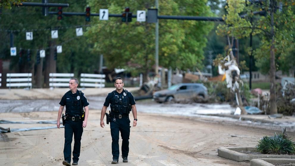 PHOTO: Police patrol in the Biltmore Village in the aftermath of Hurricane Helene on Sept. 29, 2024 in Asheville, N.C.