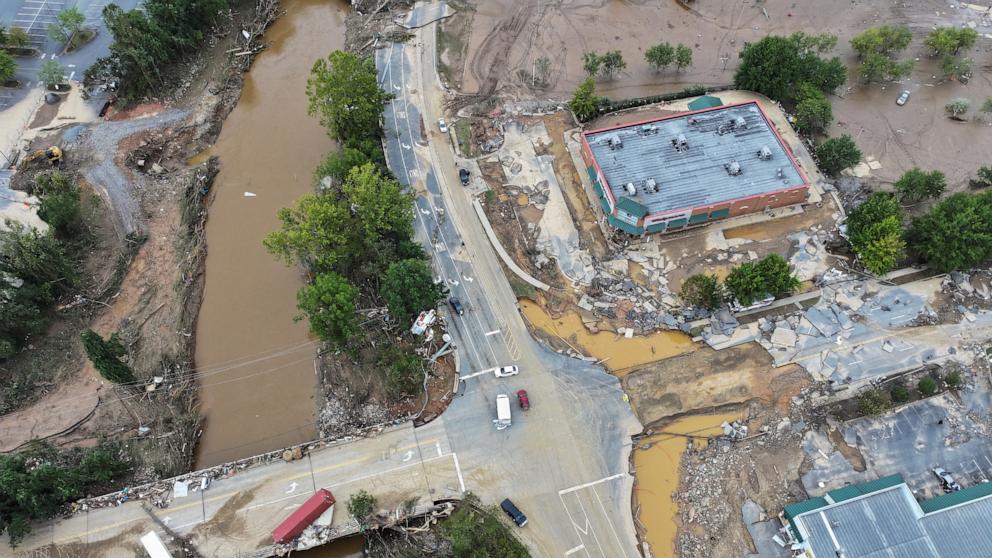 PHOTO: A drone view shows a damaged area, following the passing of Hurricane Helene, in Asheville, N.C., Sept. 29, 2024.