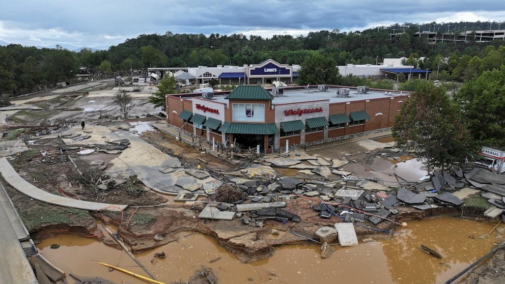 PHOTO: A drone view shows a damaged area, following the passing of Hurricane Helene, in Asheville, N.C., Sept.  29, 2024.