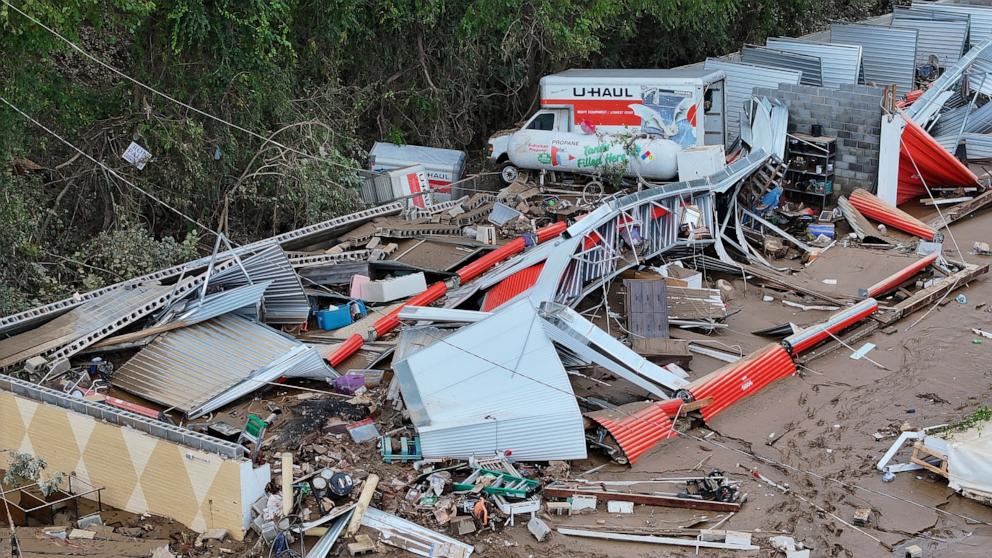 PHOTO: A drone view shows a damaged area, following the passing of Hurricane Helene, in Asheville, N.C., Sept.  29, 2024.