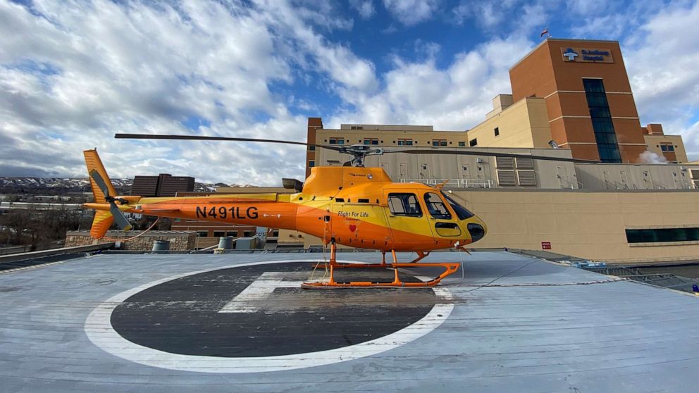 PHOTO: A Fight for Life emergency helicopter, seen here at St. Anthony Hospital in Colorado, reportedly had a close encounter with a drone on Jan. 8, 2020.