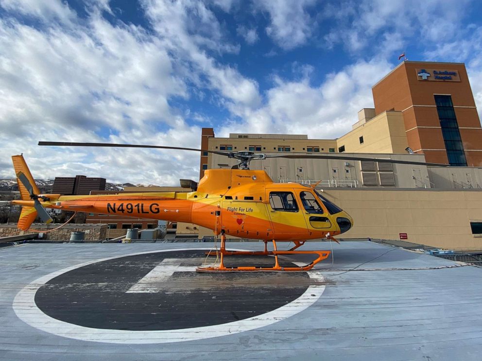 PHOTO: A Fight for Life emergency helicopter, seen here at St. Anthony Hospital in Colorado, reportedly had a close encounter with a drone on Jan. 8, 2020.