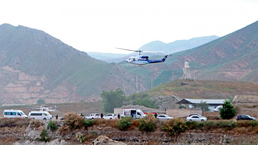 PHOTO: The helicopter carrying Iranian President Ebrahim Raisi takes off at the Iranian border with Azerbaijan after President Raisi and his Azeri counterpart Ilham Aliyev inaugurated dam of Qiz Qalasi, or Castel of Girl in Azeri, Iran, May 19, 2024. 