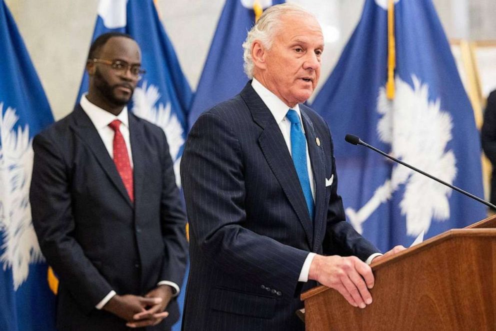 PHOTO: Governor Henry McMaster speaks to media after Brian Gaines is sworn in as South Carolina Comptroller General at the South Carolina State House on Friday, May 11, 2023.