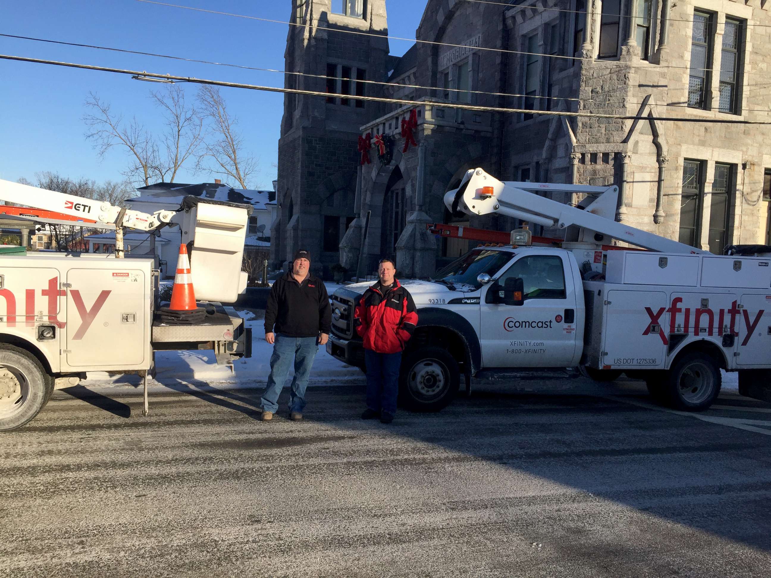 PHOTO: Comcast Cable technicians Michael Payne and Shawn Bronson are being hailed as heroes for guiding a 2-year-old girl to safety, after she wandered into traffic on a state highway in Monson, MA.