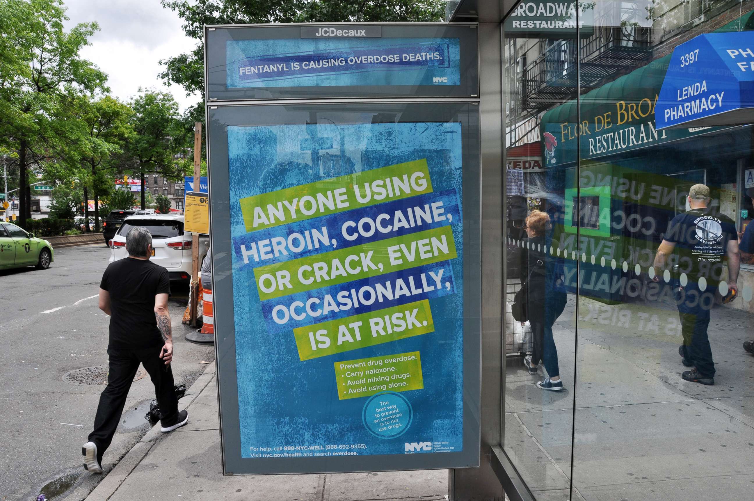 PHOTO: An ad seen on a New York City bus shelter on June 21, 2019, warns of the dangers of mixing drugs with the synthetic opioid fentanyl as part of the NYC Health Department's effort to combat overdose deaths.