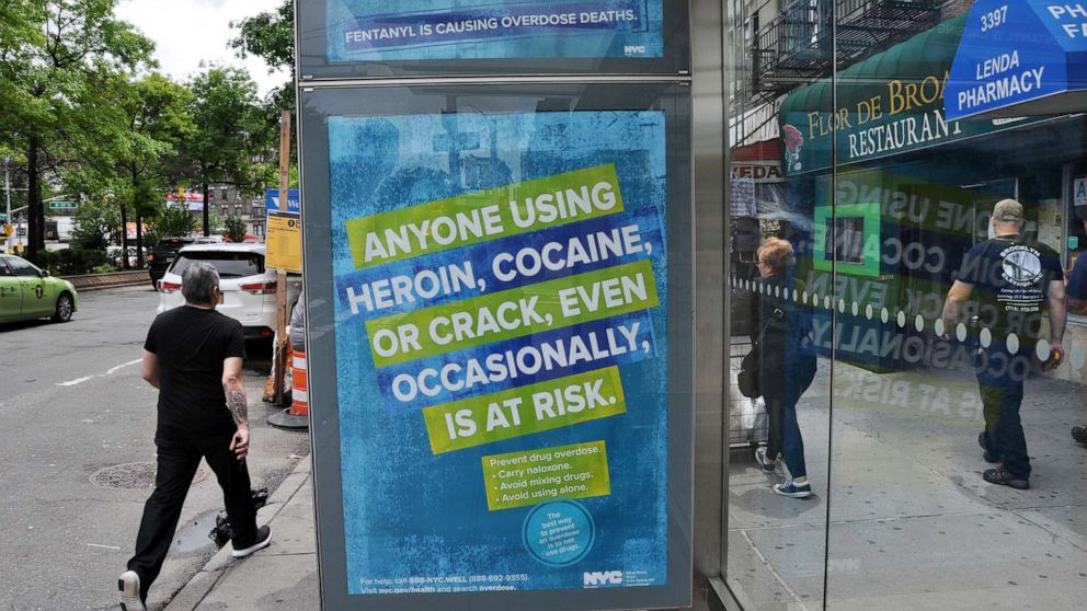 PHOTO: An ad seen on a New York City bus shelter on June 21, 2019, warns of the dangers of mixing drugs with the synthetic opioid fentanyl as part of the NYC Health Department's effort to combat overdose deaths.