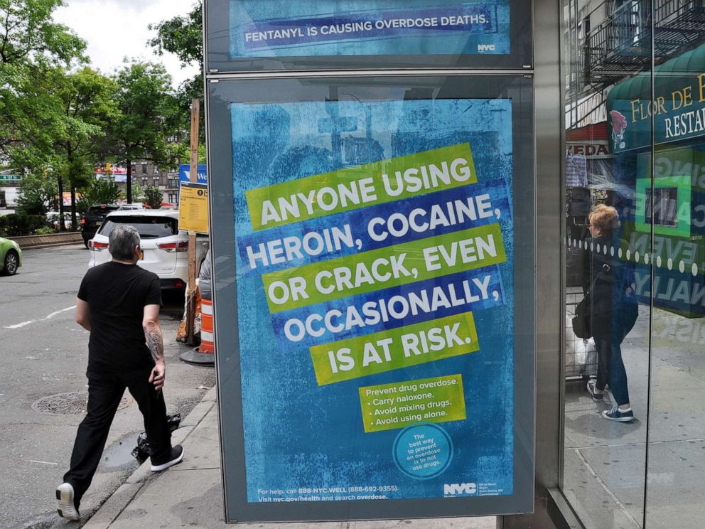 PHOTO: An ad seen on a New York City bus shelter on June 21, 2019, warns of the dangers of mixing drugs with the synthetic opioid fentanyl as part of the NYC Health Departments effort to combat overdose deaths.