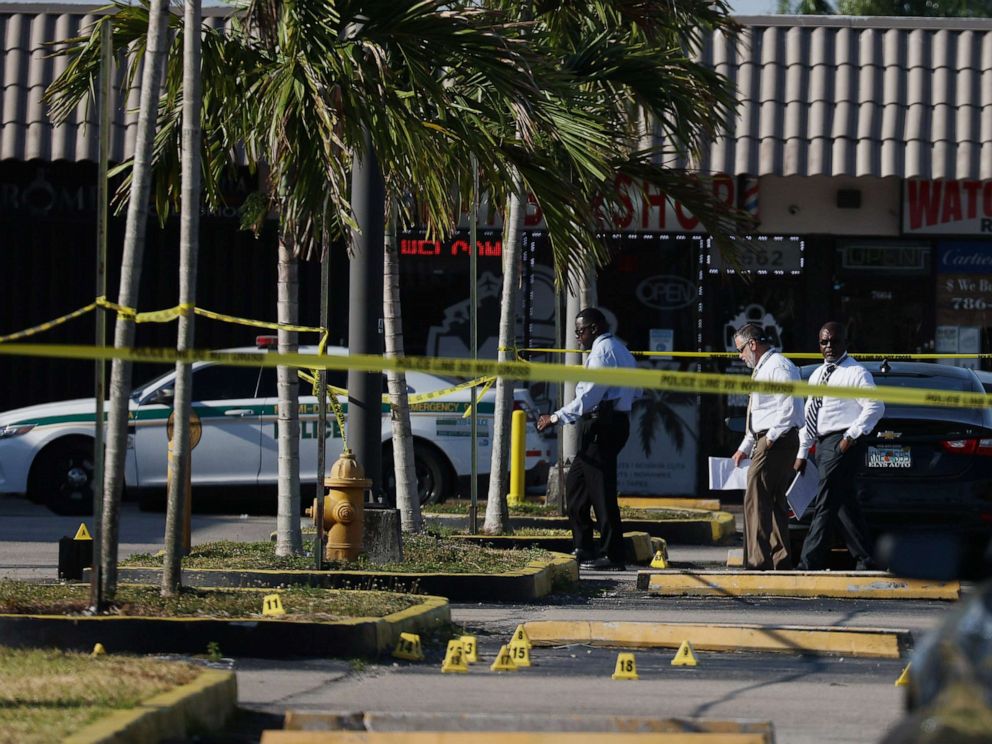 PHOTO: Miami-Dade police investigate where a mass shooting took place outside of a banquet hall on May 30, 2021 in Hialeah, Florida.