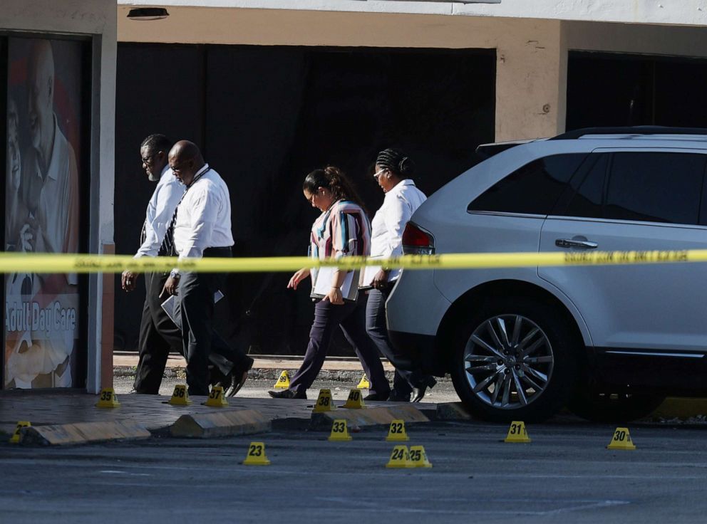 PHOTO: Miami-Dade police investigate where a mass shooting took place outside of a banquet hall on May 30, 2021, in Hialeah, Fla.