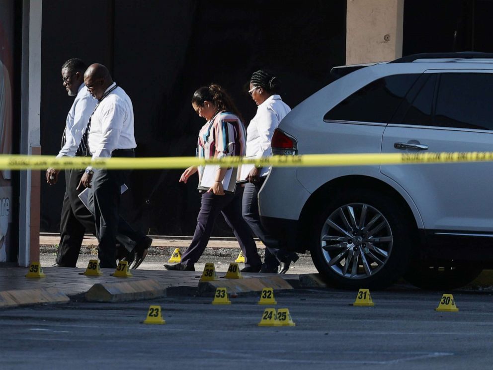 PHOTO: Miami-Dade police investigate where a mass shooting took place outside of a banquet hall on May 30, 2021, in Hialeah, Fla.