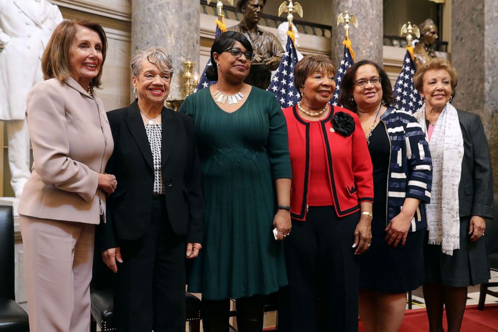 PHOTO: Speaker of the House Nancy Pelosi poses for a photograph during an event honoring NASA's 'Hidden Figures,' African-American women mathematicians who helped the United States' space program in Statuary Hall at the Capitol, March 27, 2019.