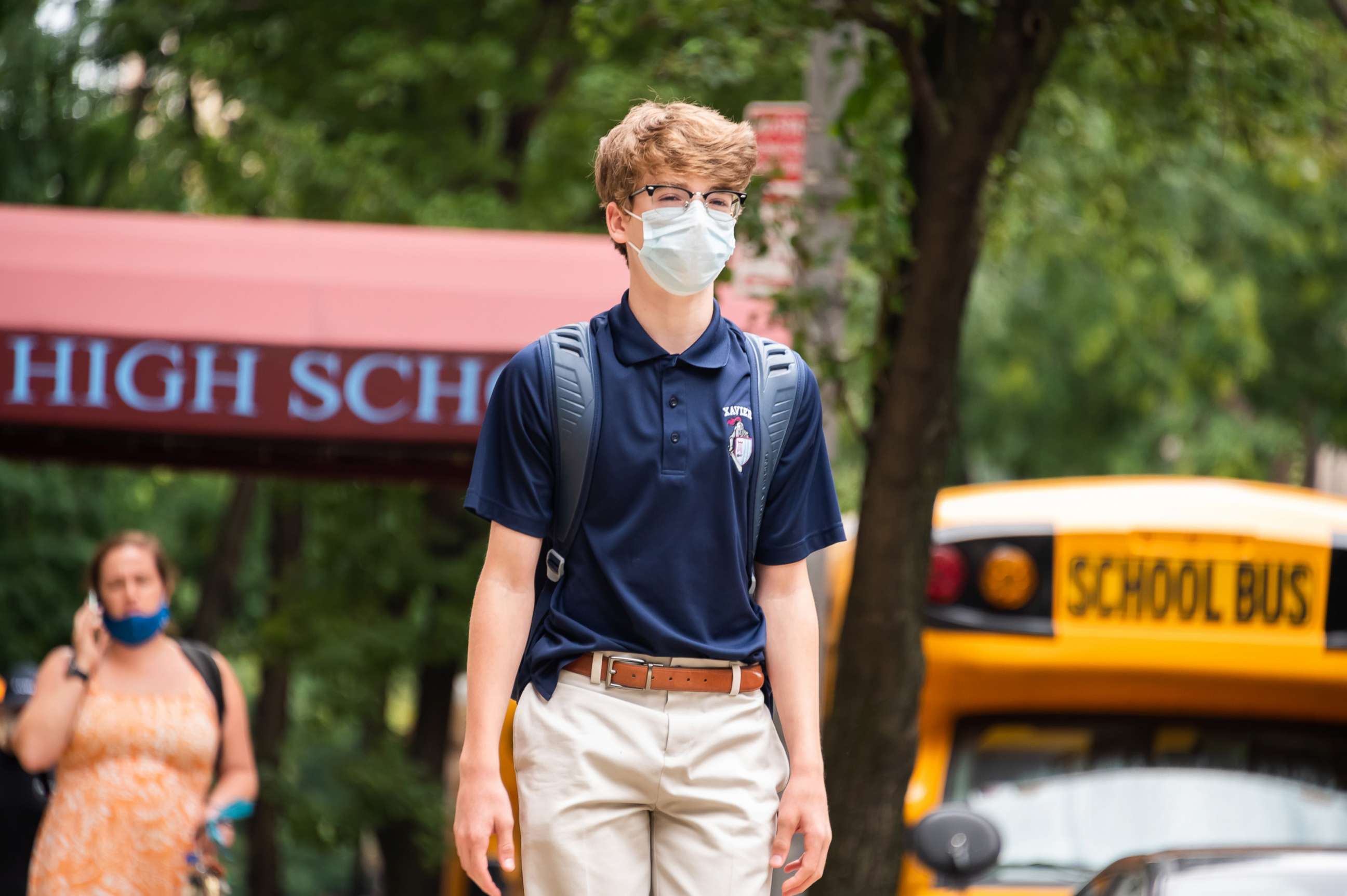 PHOTO: In this Sept. 29, 2020, file photo, a student wears a face mask outside Xavier High School as the city continues Phase 4 of re-opening following restrictions imposed to slow the spread of COVID-19 in New York.