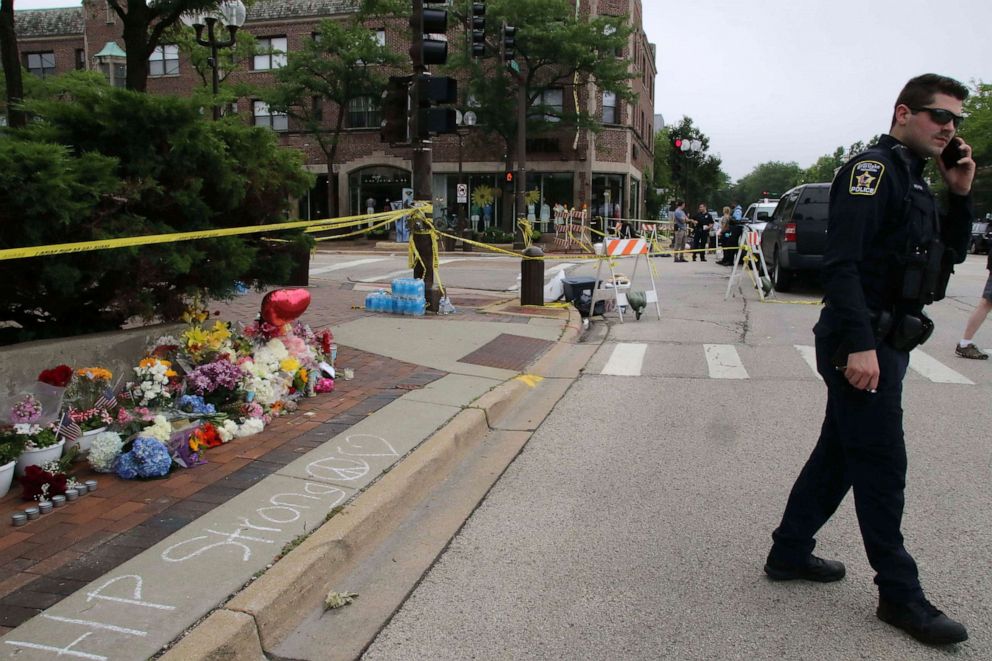 PHOTO: In this July 6, 2022, file photo, the area is blocked off by police where the deadly shooting occurred during an annual 4th of July parade on Central Avenue in Highland Park, Ill.