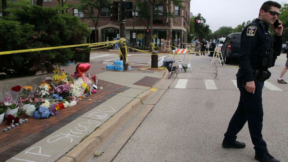 PHOTO: In this July 6, 2022, file photo, the area is blocked off by police where the deadly shooting occurred during an annual 4th of July parade on Central Avenue in Highland Park, Ill.