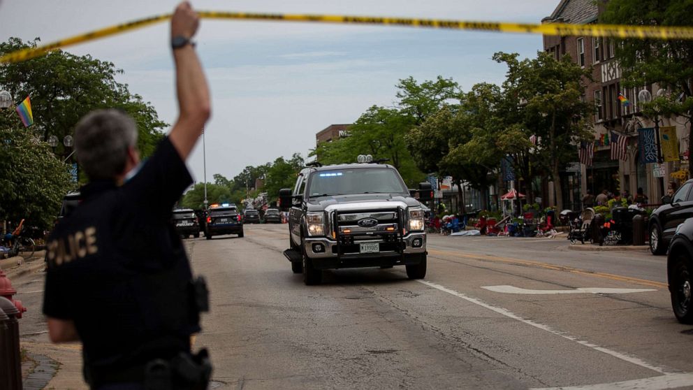 PHOTO: First responders work the scene of a shooting at a Fourth of July parade on July 4, 2022 in Highland Park, Illinois. At least six people were killed, according to authorities.