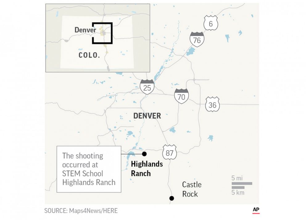 PHOTO: STEM School Highlands Ranch and Highlands Ranch, Colo. are located on a map released by the Associated Press after a shooting at the school.