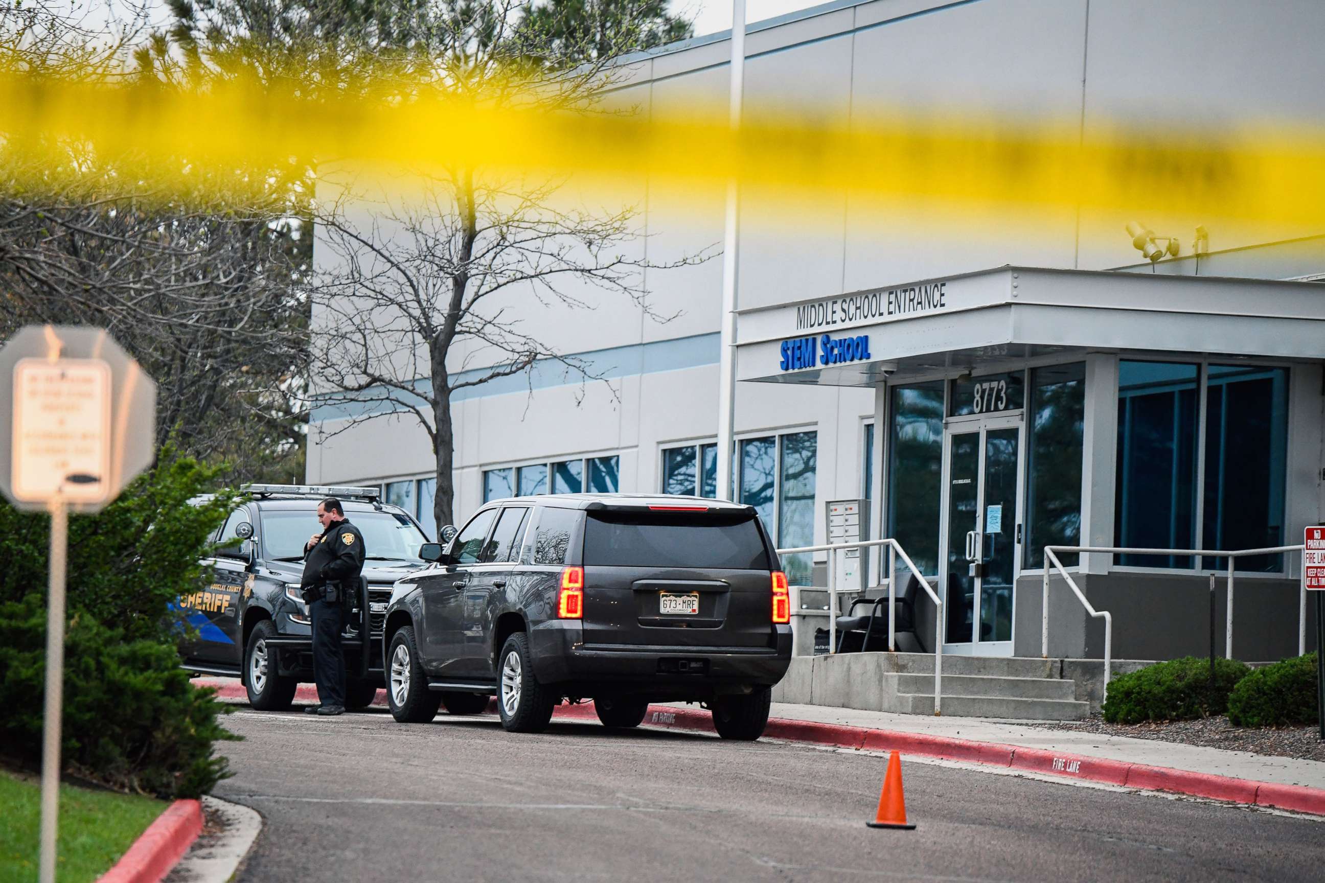 PHOTO: A police officer stands outside the STEM School Highlands Ranch in Highlands Ranch, Colo., May 8, 2019.