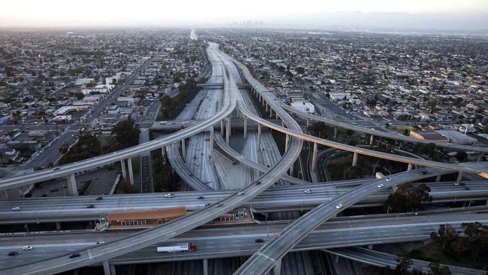 PHOTO: Vehicles drive in light traffic on the Judge Harry Pregerson Interchange between the 105 and 110 freeways in this aerial photograph taken above Los Angeles, California, U.S., on Friday, May 1, 2020.