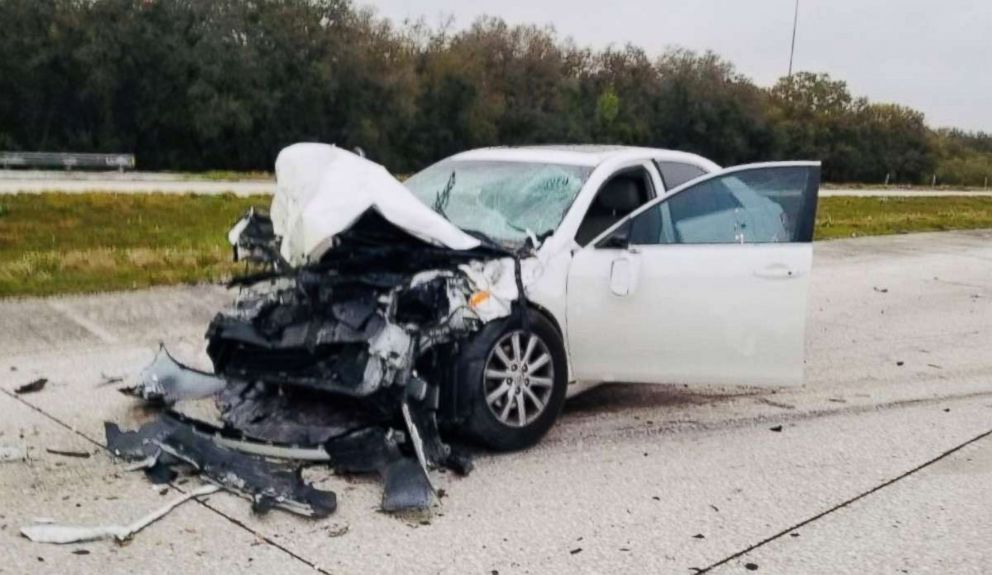 PHOTO: A vehicle sustained significant damage following a collision on I-75 in Hillsborough County, Fla., Feb. 24, 2019.