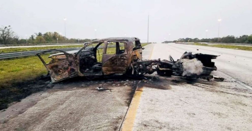 PHOTO: A vehicle was burned out completely after being hit by another vehicle on I-75 in Hillsborough County, Fla., Feb. 24, 2019.