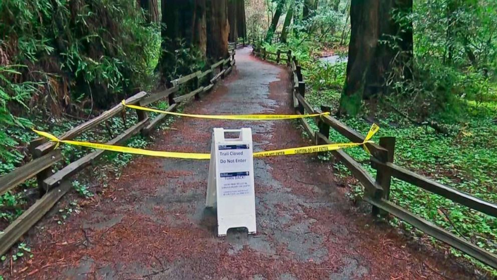 PHOTO: In this photo provided by CBS San Francisco shows a sign showing a trail closed sign at the entrance to the Muir Woods National Monument in Marin County, Calif.