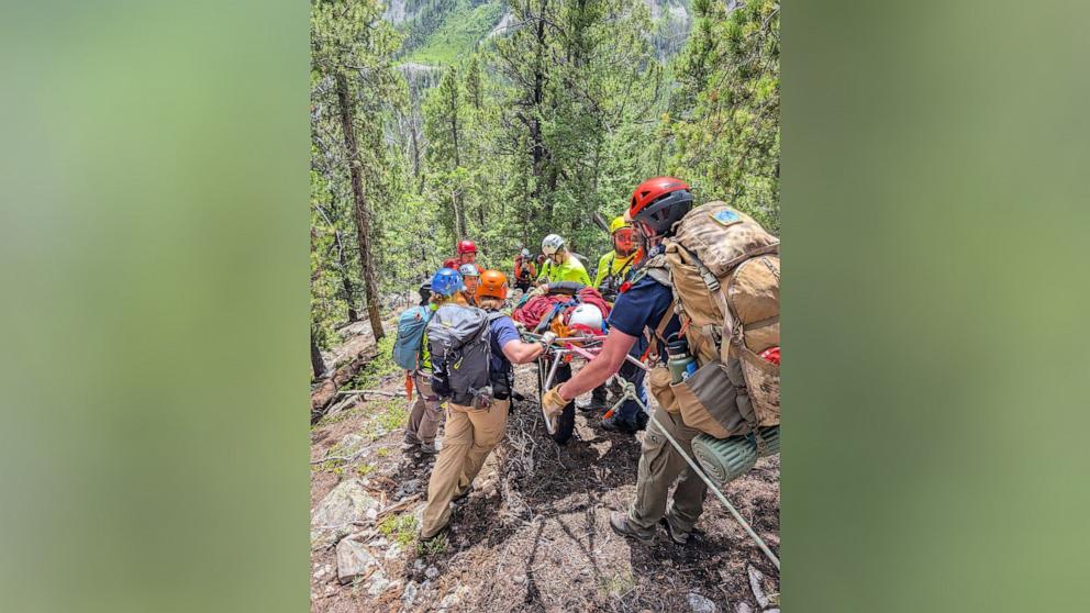 PHOTO: Volunteer rescuers carry hiker Steve Stephanides, who became disoriented and lost on a 14,230-foot mountain in central Colorado after his work colleagues allegedly left him behind alone on an office charity hiking trip.