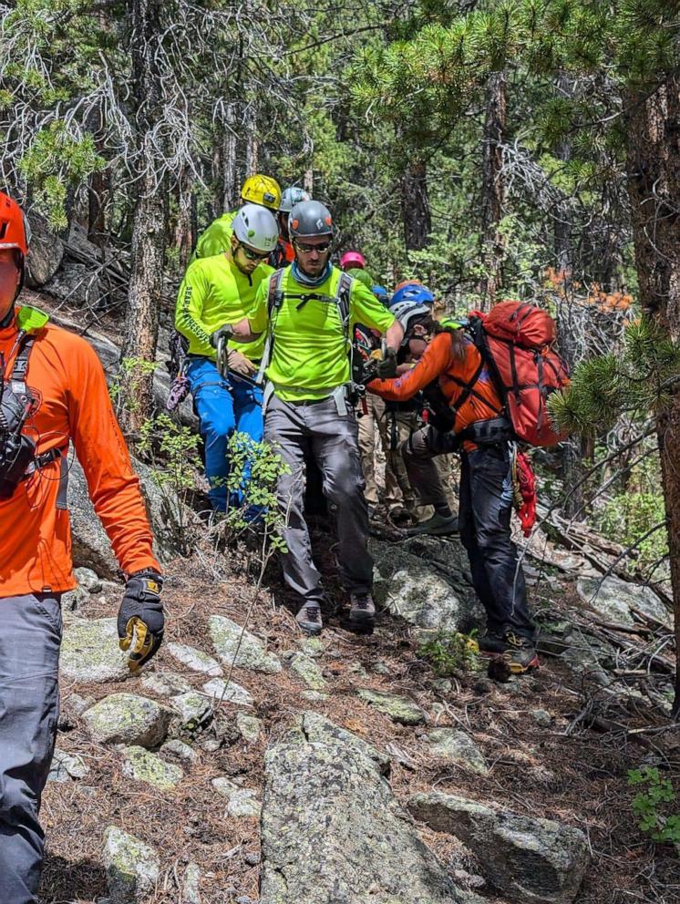 PHOTO: Volunteer rescuers carry hiker Steve Stephanides, who became disoriented and lost on a 14,230-foot mountain in central Colorado after his work colleagues allegedly left him behind alone on an office charity hiking trip.