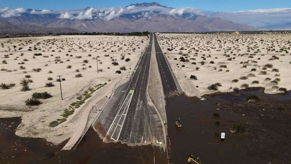 PHOTO: Interstate 10 is devoid of traffice due to flooding and mud crossing the highway following heavy rains from Tropical Storm Hilary, in Rancho Mirage, Calif., Aug. 21, 2023.