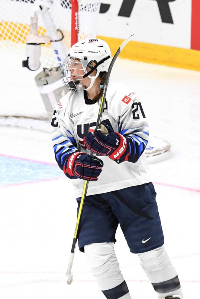 PHOTO: Hilary Knight of the U.S. celebrates a goal during the 2019 IIHF Ice Hockey Women's World Championship match between Finland and the USA in Espoo, Finland, April 04, 2019.