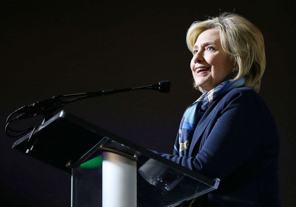 PHOTO: Hillary Rodham Clinton speaks onstage during the 2020 Women at Sundance Celebration hosted by Sundance Institute and Refinery29 at Newpark on Jan. 27, 2020 in Park City, Utah.