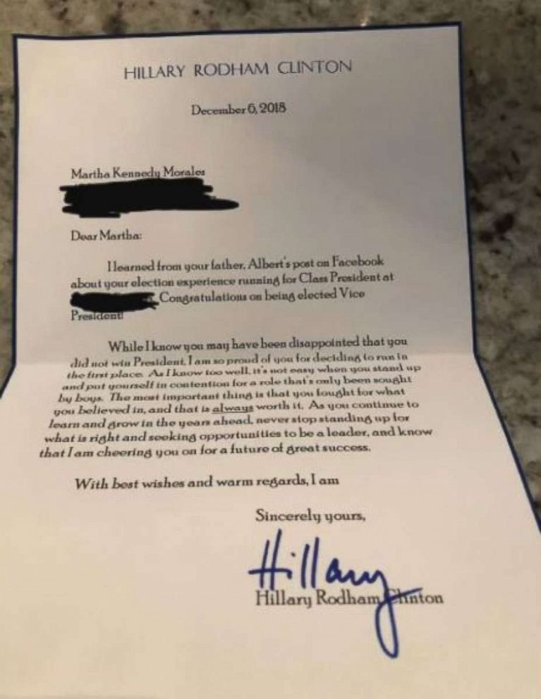 PHOTO: Hillary Clinton sent a letter to an 8-year-old girl in College Park, Md., after she lost her class election.
