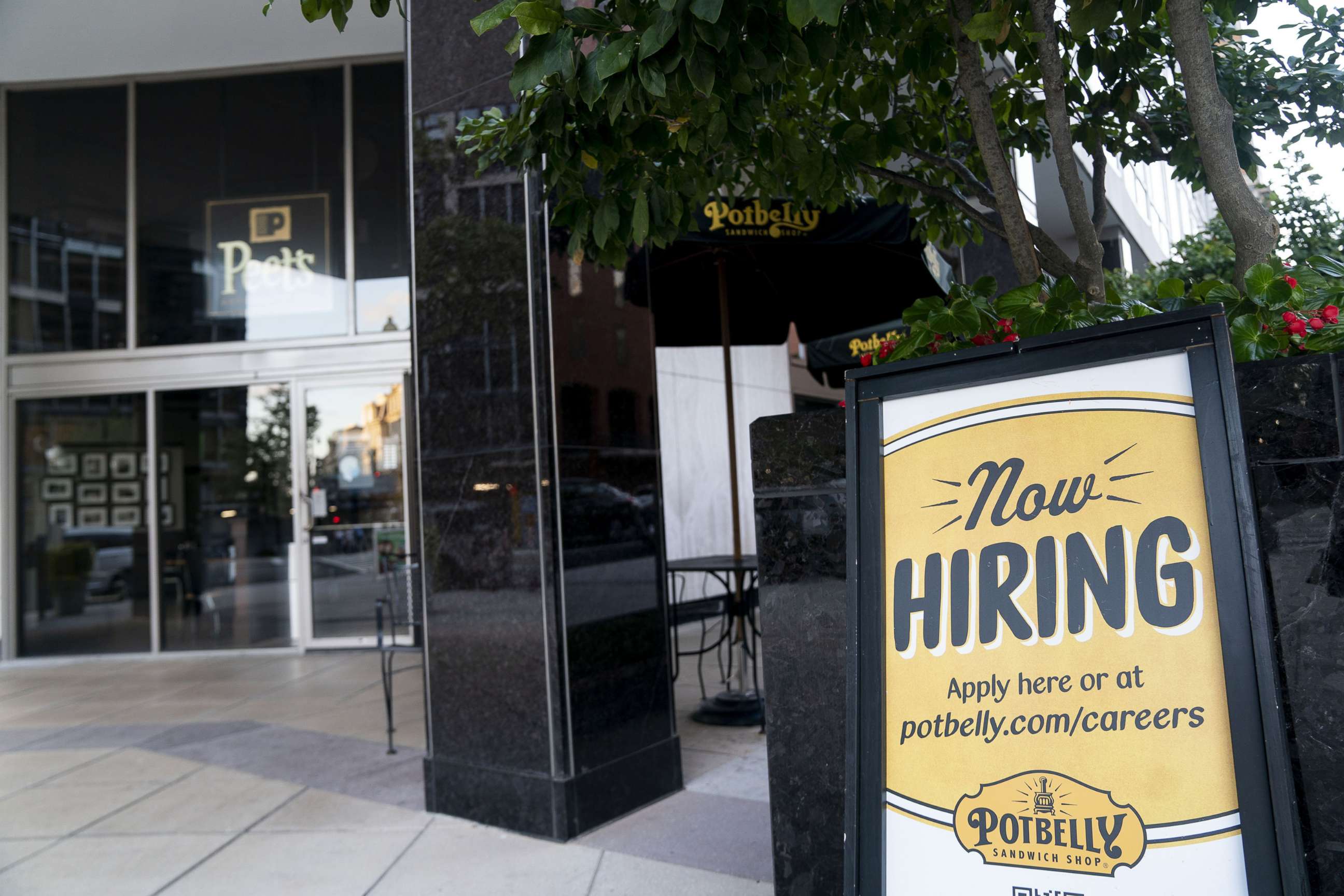 PHOTO: A hiring sign is posted in front of a restaurant in Washington, D.C., Sept. 3, 2021. 