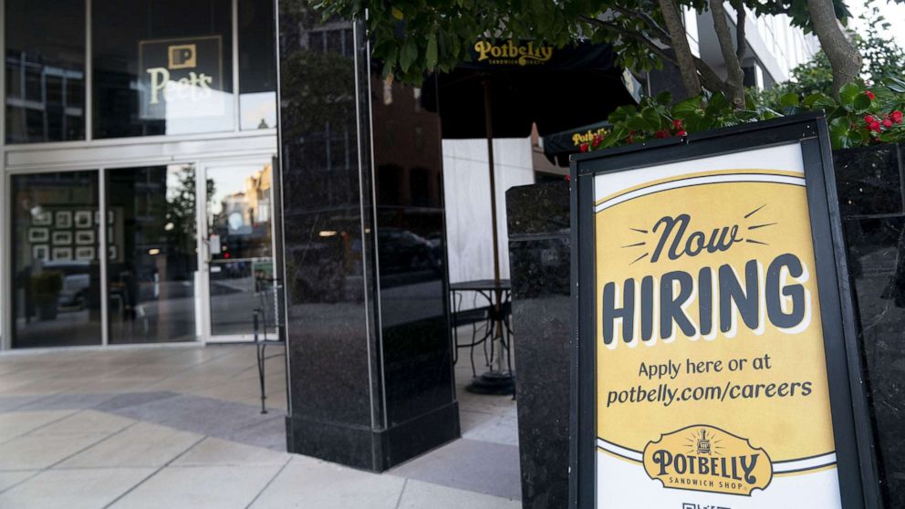 PHOTO: A hiring sign is posted in front of a restaurant in Washington, D.C., Sept. 3, 2021. 