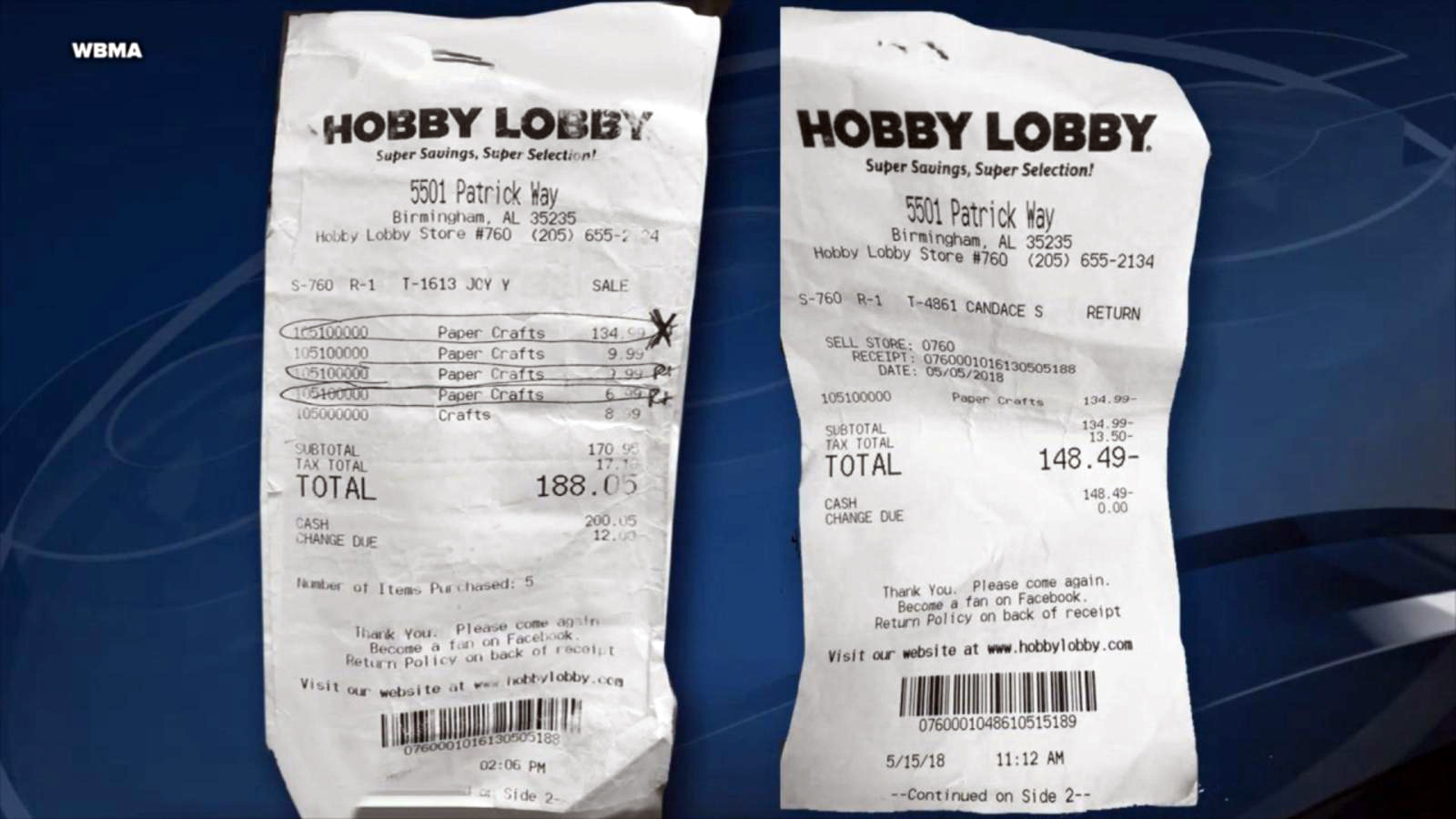 PHOTO: Receipts Brian Spurlock says he gave employees of a Hobby Lobby in Trussville, Ala., who he claims racially profiled him and called the police because he vaguely looked like a suspect in a check cashing scheme.