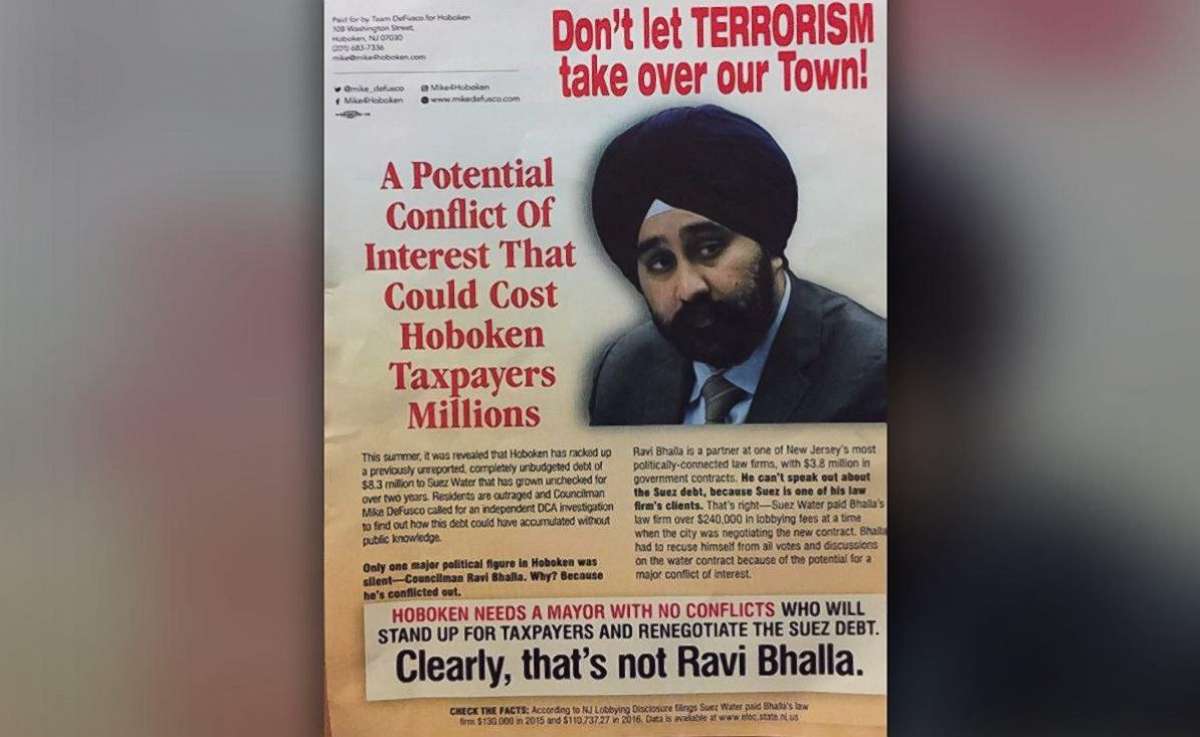 PHOTO: Flyers distributed in Hoboken with the headline "Don't let TERRORISM take over our Town!" above a picture of City Councilman Ravi Bhalla who is running for mayor of Hoboken. 