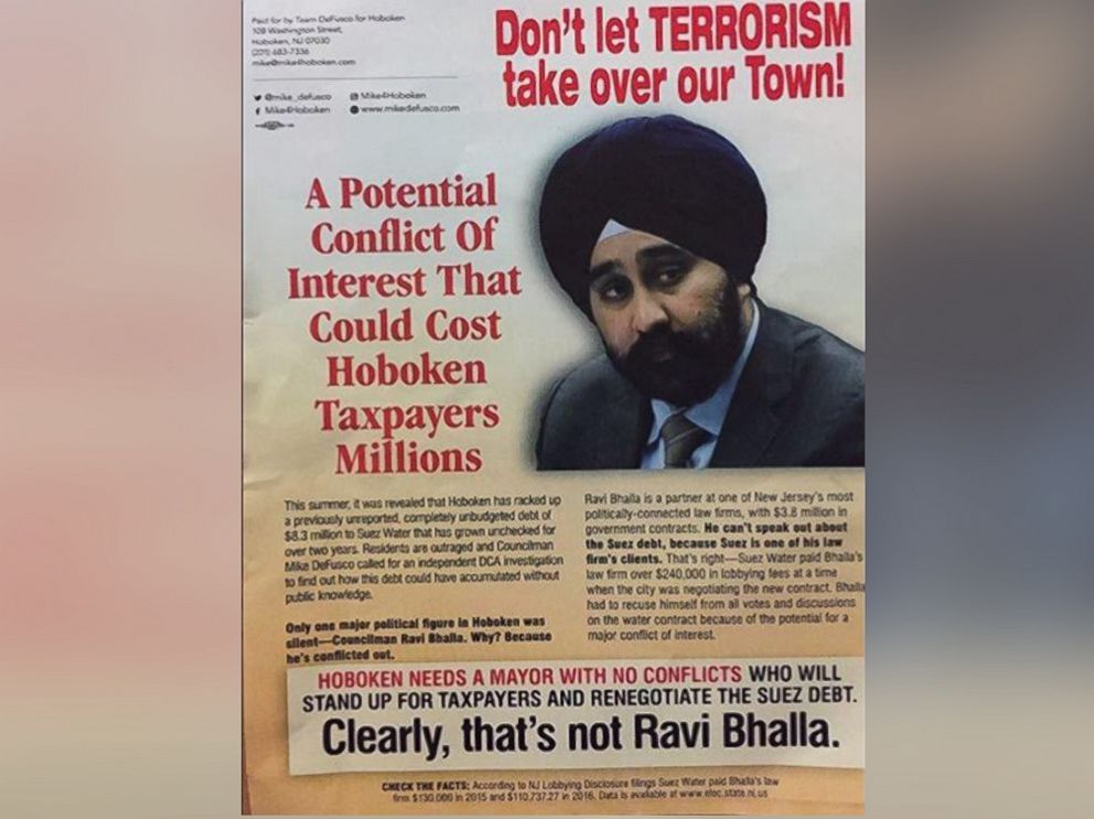 PHOTO: Flyers distributed in Hoboken with the headline Dont let TERRORISM take over our Town! above a picture of City Councilman Ravi Bhalla who is running for mayor of Hoboken.