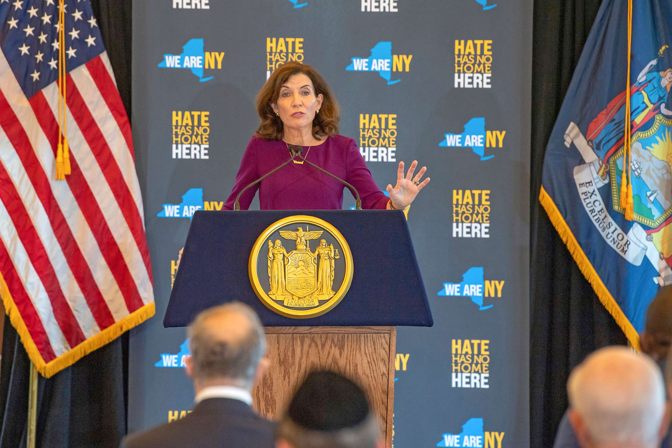 PHOTO: New York State Governor Kathy Hochul speaks during a press conference at the Museum of Jewish Heritage, announcing funding increase to help nonprofits improve security to defend against hate crimes and hate attacks, on Oct. 6, 2021 in New York.