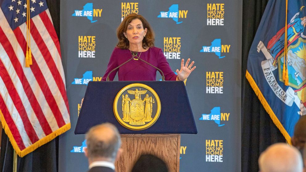 PHOTO: New York State Governor Kathy Hochul speaks during a press conference at the Museum of Jewish Heritage, announcing funding increase to help nonprofits improve security to defend against hate crimes and hate attacks, on Oct. 6, 2021 in New York.