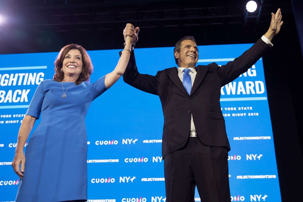 PHOTO: New York Gov. Andrew Cuomo, right, stands with Lieutenant Governor Kathy Hochul during an an election night watch party hosted by the New York State Democratic Committee, Nov. 6, 2018, in New York. 