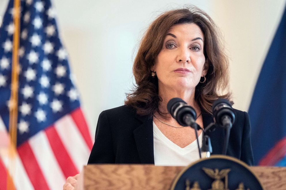 PHOTO: Lt. Gov. Kathy Hochul speaks to the media during a news conference, Aug. 18, 2021, in New York. Hochul will be inaugurated governor on Aug. 24, after the resignation of Gov. Andrew Cuomo.