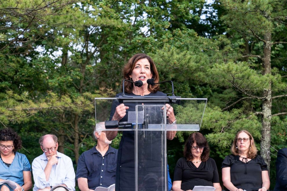 PHOTO: Lieutenant Governor Kathy Hochul speaks at an anti-semitism and hate rally at Jewish Community Center of Mid-Westchester in Scarsdale, N.Y., June 7, 2021. 