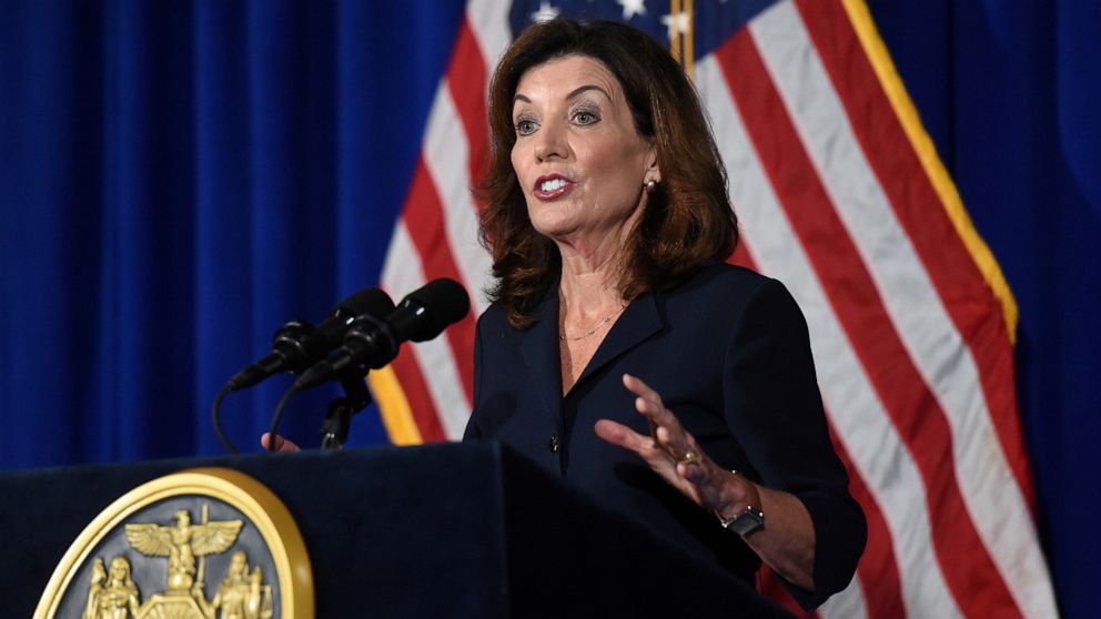 PHOTO: New York Lieutenant Governor Kathy Hochul speaks during a news conference the day after Governor Andrew Cuomo announced his resignation at the New York State Capitol, in Albany, N.Y., Aug. 11, 2021.