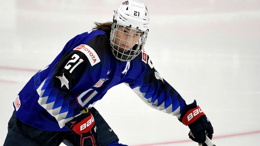 Hilary Knight of USA in action during the IIHF Women's Ice Hockey World Championships quarterfinal match USA vs Japan, in Espoo, Finland, April 11, 2019.