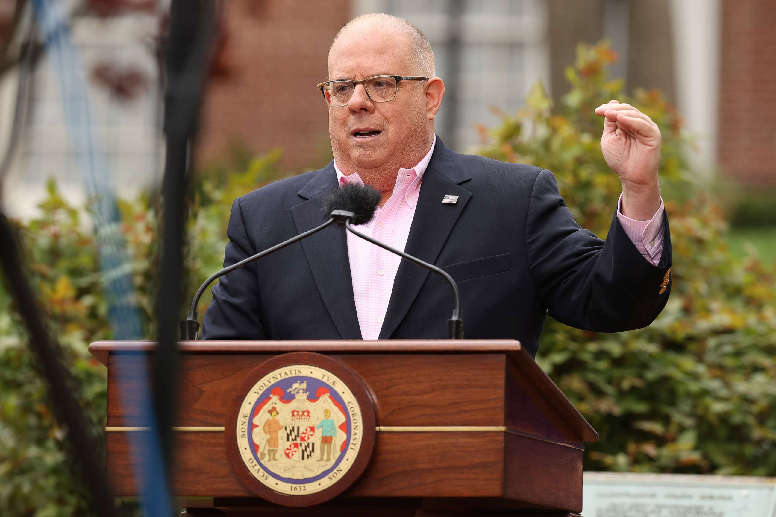 PHOTO: Maryland Governor Larry Hogan talks to reporters during a news briefing about the ongoing novel coronavirus pandemic in front of the Maryland State House, April 17, 2020, in Annapolis, Md.