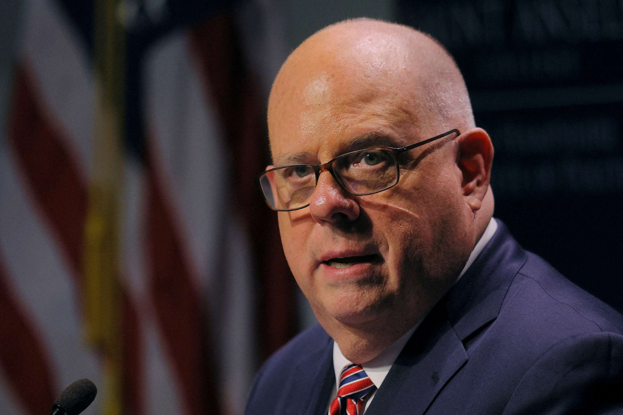 PHOTO: Maryland Governor Larry Hogan speaks at a "Politics and Eggs" forum at Saint Anselm College in Manchester, N.H., Oct. 6, 2022.